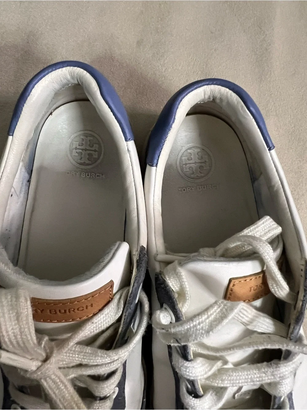💙 Tory Burch Howell Court Leather Suede Sneakers White Navy Size 8M